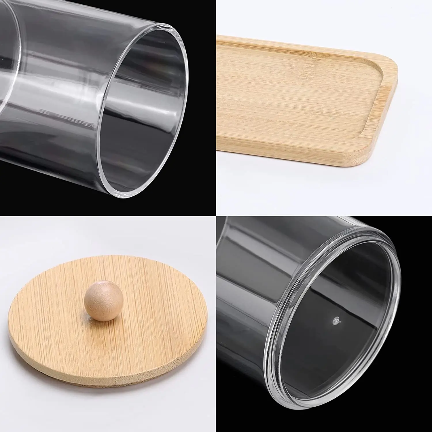 10Oz Cotton Swab/Ball/Pad Holder Vanity Tray Qtip Apothecary Jar Clear Bathroom Container Dispenser for Storage 3 Pack Wood Lids 5