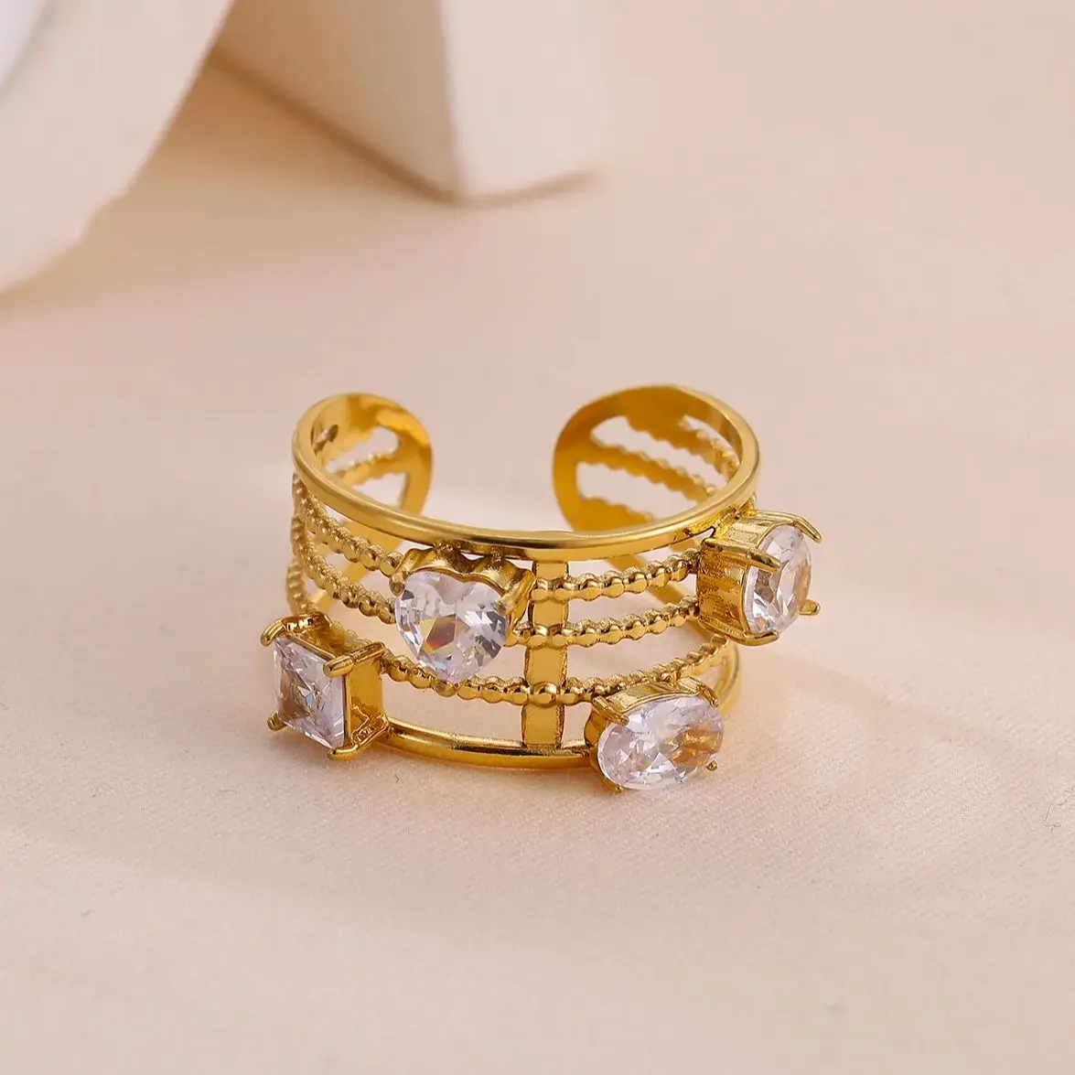 Multi-Layer Geometric Zircon Ring for Women