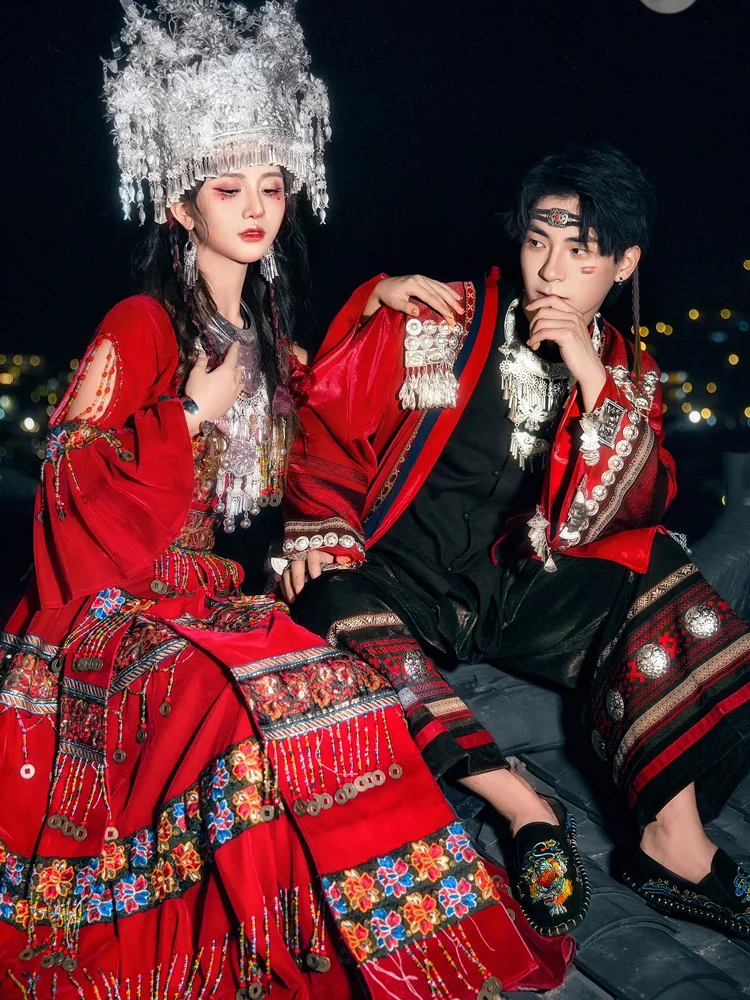 new miao s girl costume miao female ethnic style tujia hmong village travel photography Red Miao Clothing Female Couple Men's Tujia Ethnic Style Miao' S Dress Machine Embroidery Photography