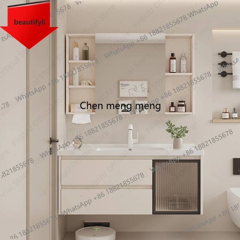 ชุดตู้ห้องน้ำติดผนัง 01A พร้อมอ่างเซรามิกในตัว ตู้กระจกอัจฉริยะ สำหรับจัดเก็บของในห้องน้ำอย่างเป็นระเบียบ 1