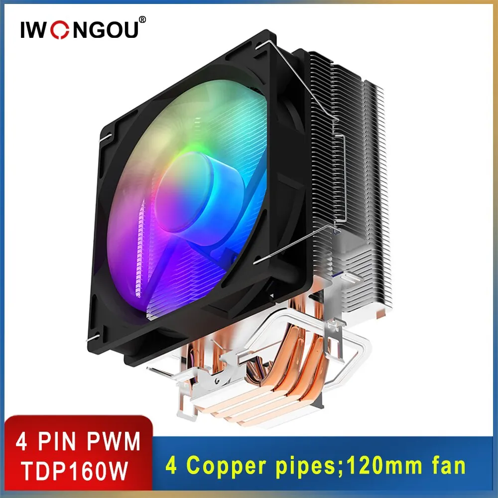 냉풍기 IWONGOU CPU 쿨러, Inetl Lga2011, 1200, 1700, 1155, AMD용, Am4 4 핀 RGB 120mm 냉각 CPU 선풍기, 4 히트 파이프 라디에이터 컴퓨터 쿨러