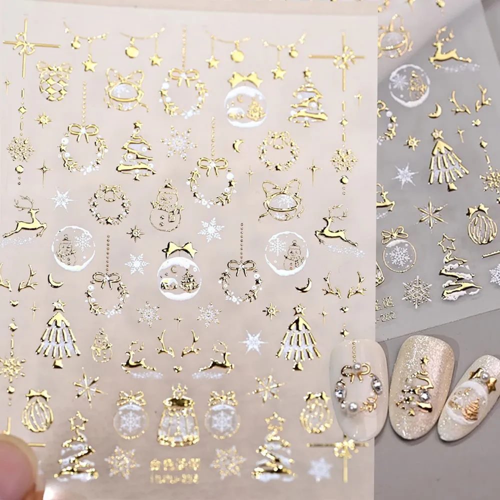 5D Embossed Gold Christmas Crystal Ball Wreath Nail Sticker Shiny Bronzing Snowflake Snowman Nail Decals Xmas Decor 1pcs #7