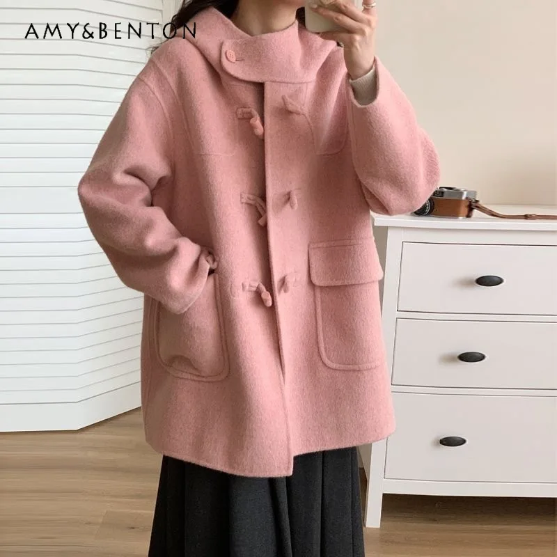 

2023 Winter New Hooded Horn Button Double-Sided Mid-Length Wool Coat Kawaii Pink Loose Slim All-Match Women Coat Lolita Coats