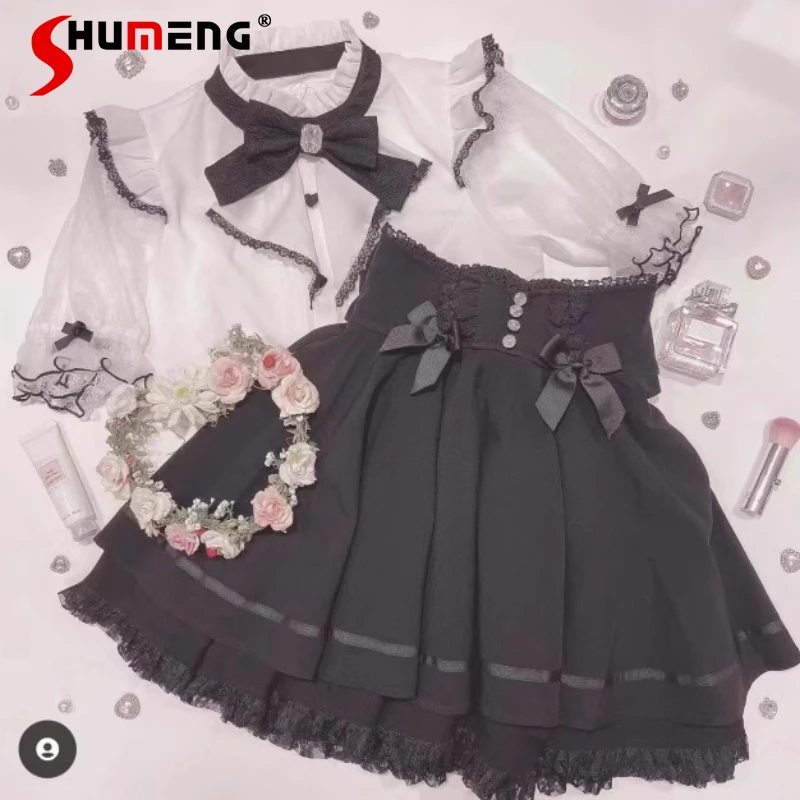 Slimming Rhinestone Skirt Japanese Mine Series Rojita Lace Bow High Slimming Skirt Women's Clothes High Waisted Black Y2k Skirts kids rhinestone belts fashion baby boy girl diamond studded belt vintage alloy buckle children s belt waist accessories ceinture