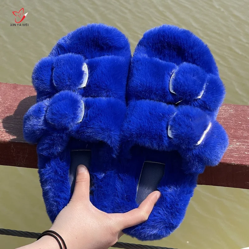 Winter Faux Fur Slippers Women Fluffy Slipper Warm Shoes Woman Slip On Flats Female Slides Pink Cozy Outdoor Furry Slippers
