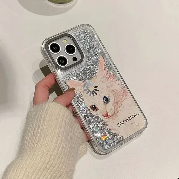 Transparent Border Silver Quicksand Cat Coffee iPhone 12 13 14 15 Pro Max Case - Protective iPhone Case