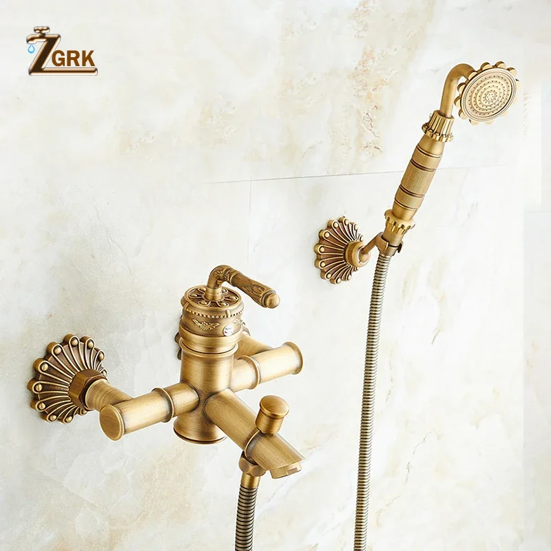 ZGRK Shower System Bathroom Faucet Hand Shower Set Brass Mixer Taps Top Spray Rainfall Head Washing Faucets Antique