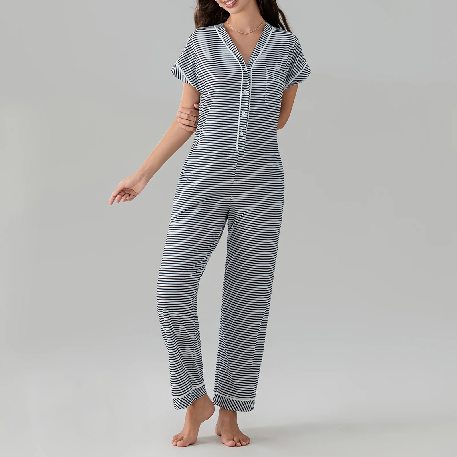 Women Summer Pajama Jumpsuits Striped Print V-Neck Short Sleeves loose Lounge Romper for Soft Sleepwear