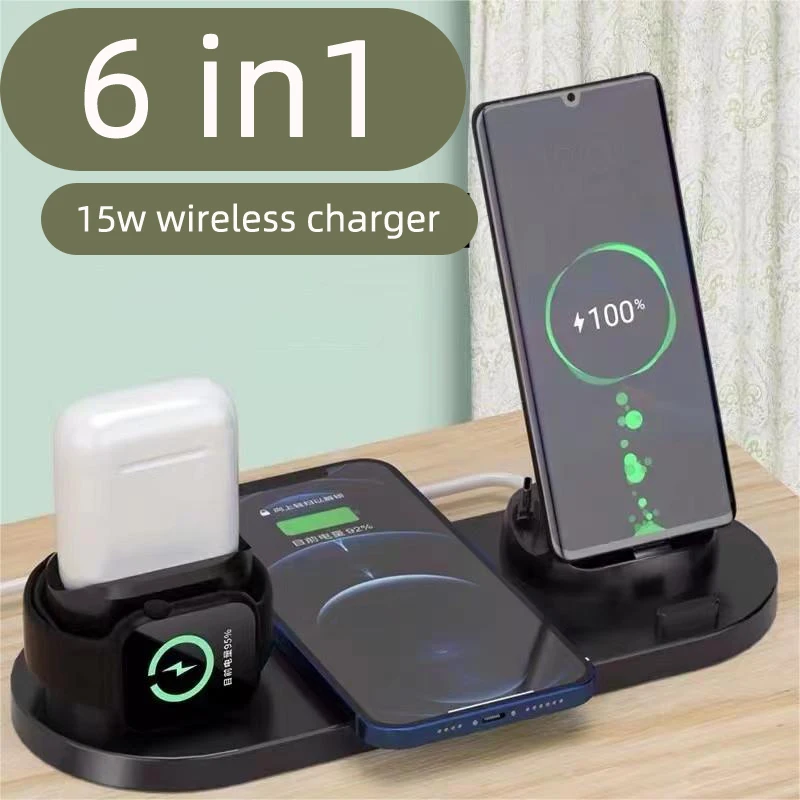 

15W 6 in 1 Wireless Charger Stand Pad For iPhone 14 13 12 Pro Max Apple Watch Fast Charging Dock Station for Airpods IWatch