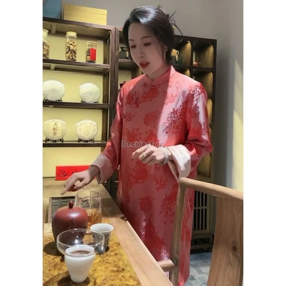 chinese style improved printing diagonal front buckle cheongsam top long sleeve mid length jacket fashionable loose shirt