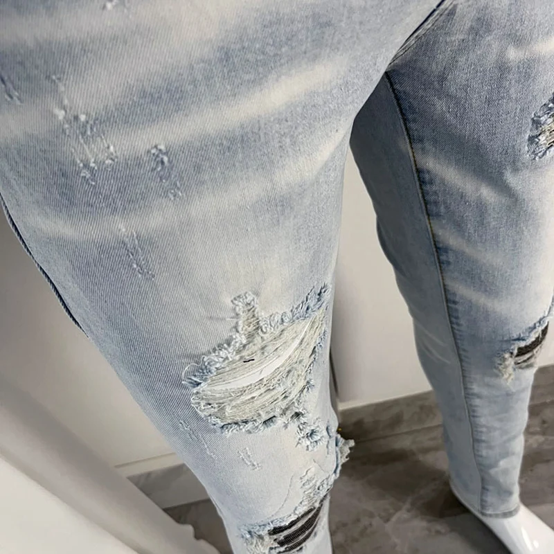 High Street Fashion Men Jeans Retro Light Blue Stretch Skinny Fit Ripped Jeans Men Patched Designer Hip Hop Brand Pants Hombre