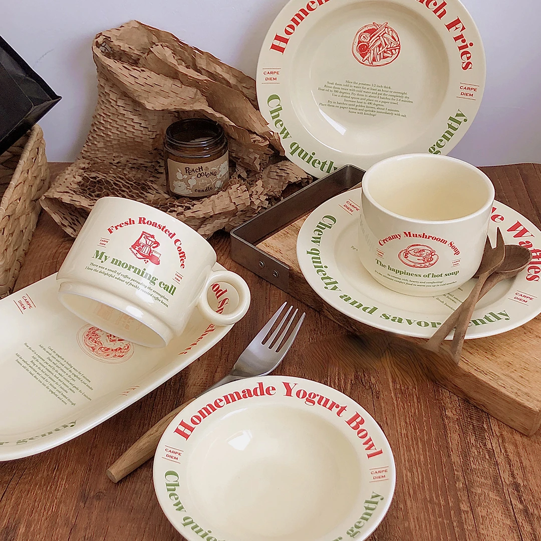 

French retro red and green color tableware set pasta dish mug soup cup salad bowl plate корейская посуда тарелки для еды dishes