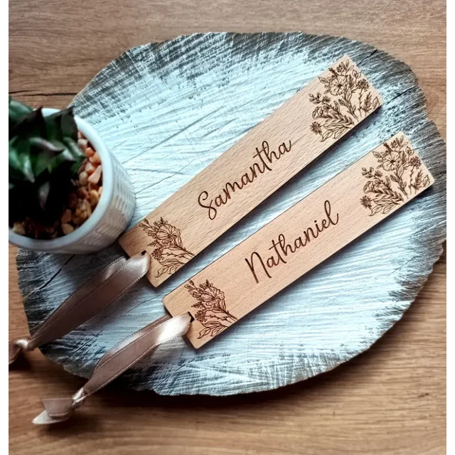 Marque-page de mariage personnalisé en bois, 5 pièces, cadeaux avec nom personnalisé gravé, cartes doubles comme placement, cadeaux uniques pour invités, décoration de fête 5