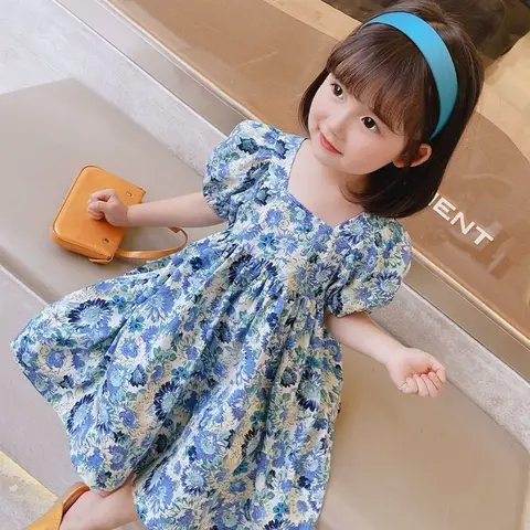 Cute elegant blue summer dress for girls, princess style with floral prints, 0-6 years, beach dresses, birthday party clothes.