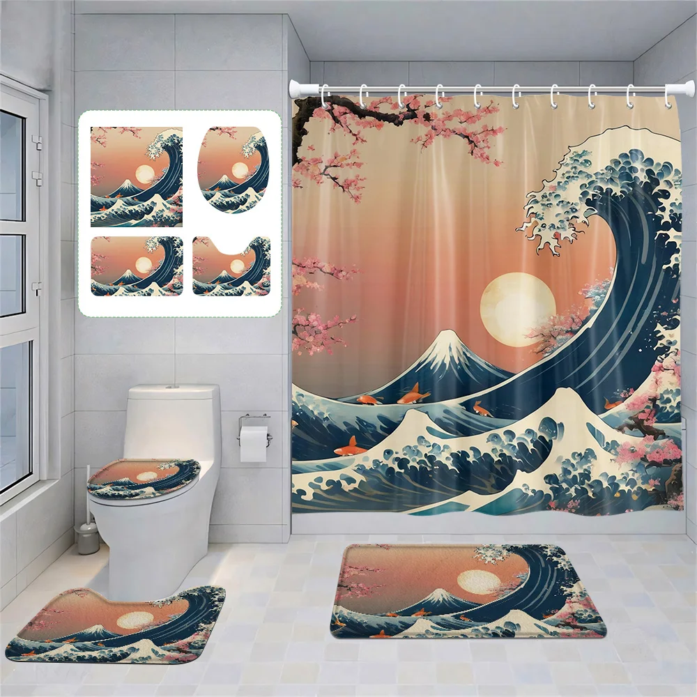 Japanese Style Retro Landscape Shower Curtain Bathroom Partition Curtain  bathroom set with shower curtain and rugs 5
