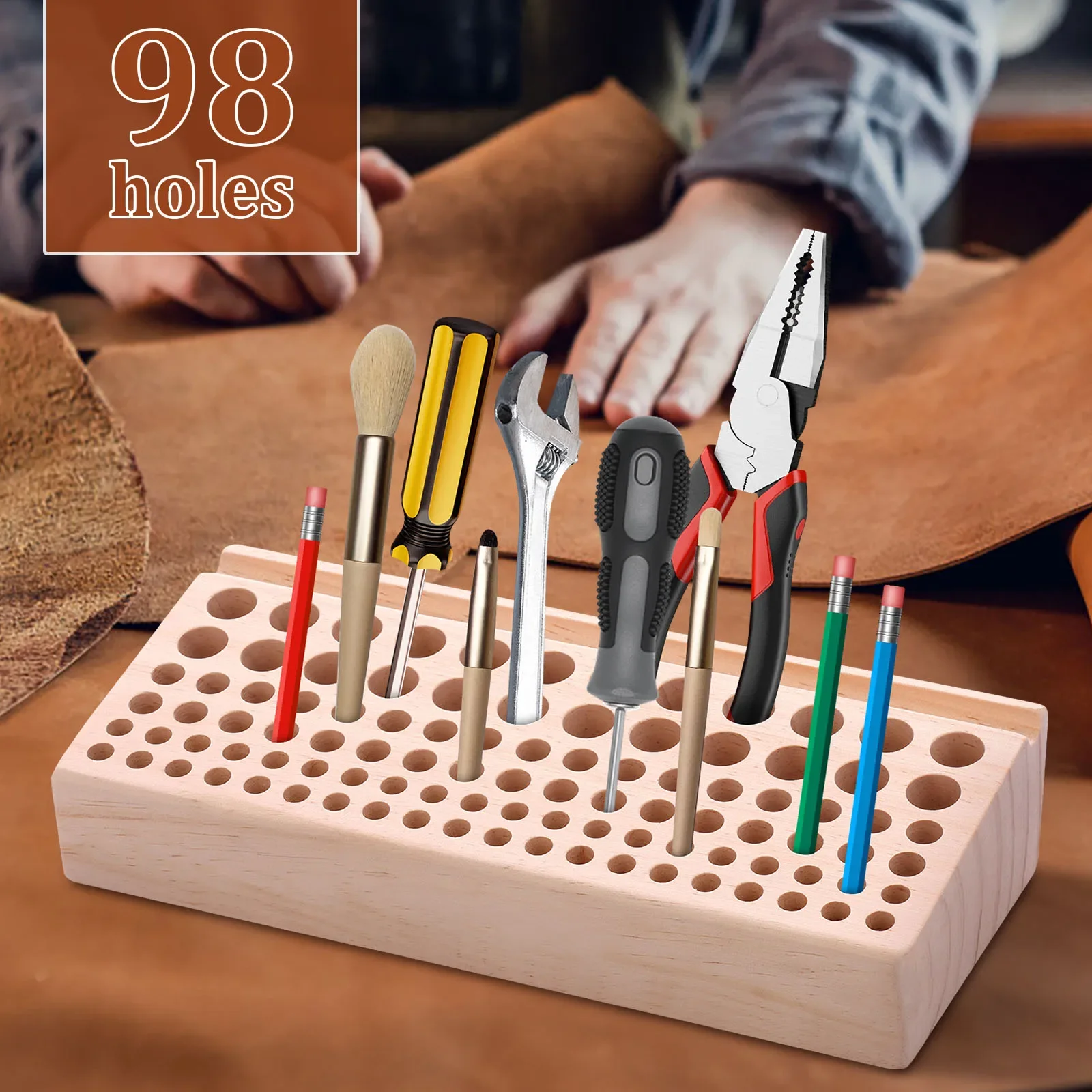 46/98 Holes Screwdriver Holder Wood Storage Rack Organizer For Scissors Screwdriver Wrench Pliers,Desk Top Tool Storage Rack