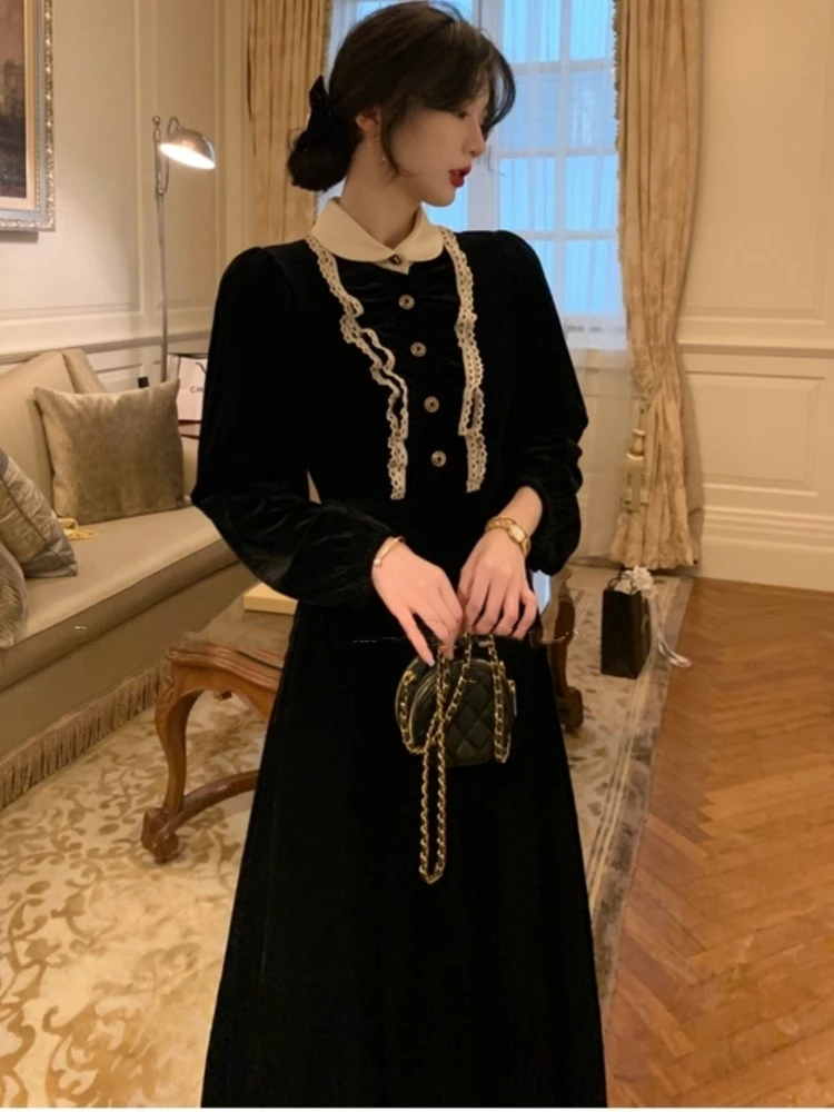 

Black Velvet Midi Dress Women Autumn Winter Trend Long Sleeve Peter Pan Collar Ruffles Elegant A-Line Fashion Clothing Vestidos