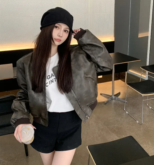 Chaqueta corta de cuero para mujer, abrigo holgado estilo Hip Hop