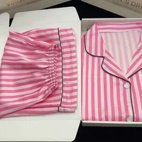 Large Size Women Pajamas Set Short-Sleeved Student Homewear Two-Piece Cardigan Lapel Senior Sense of Striped Short-Sleeved Short - Image 2