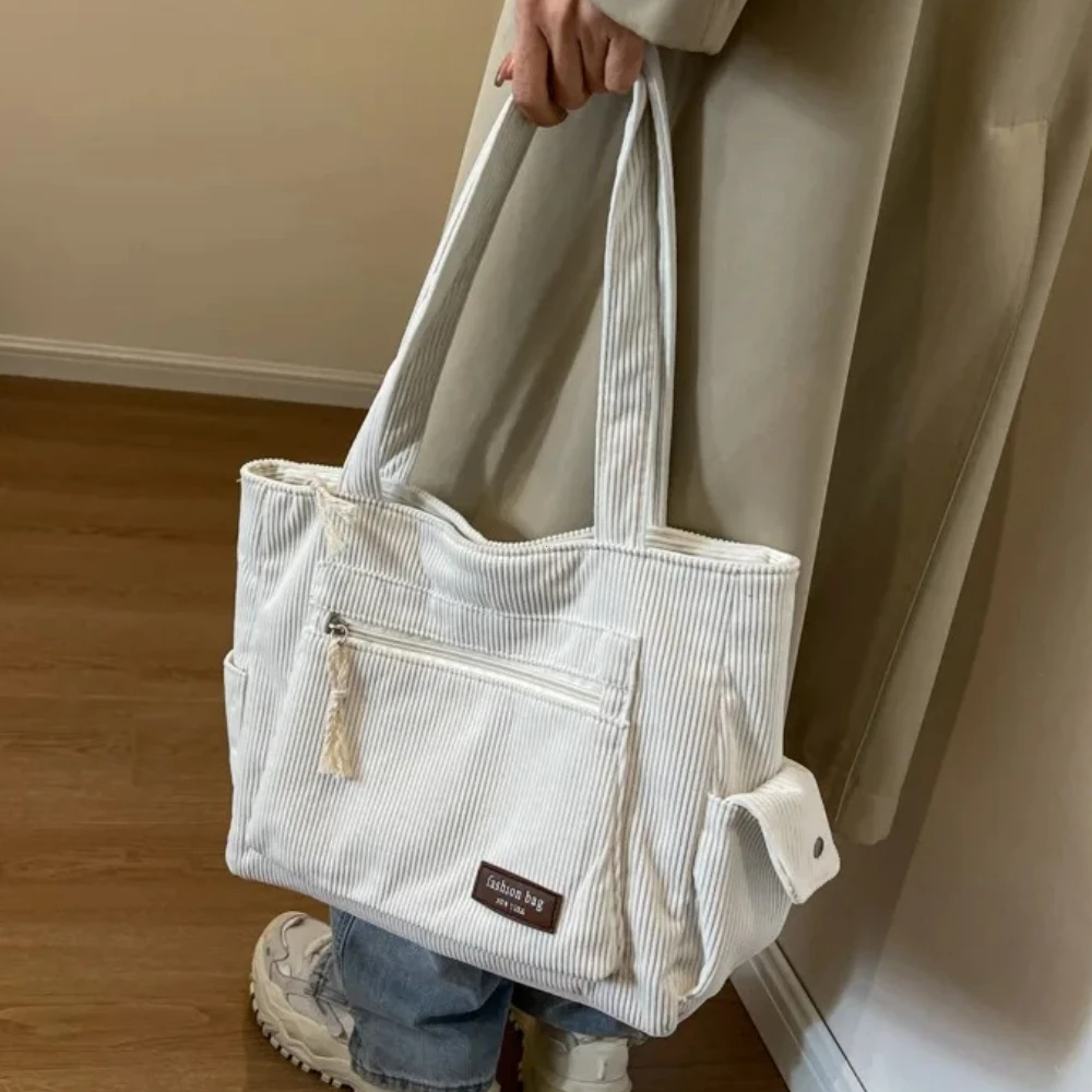 Simplicity Trend Corduroy Women’s Tote Bags Casual Multi Pockets Solid Color Shoulder Bags Handbag Large Capacity Commuter Bag
