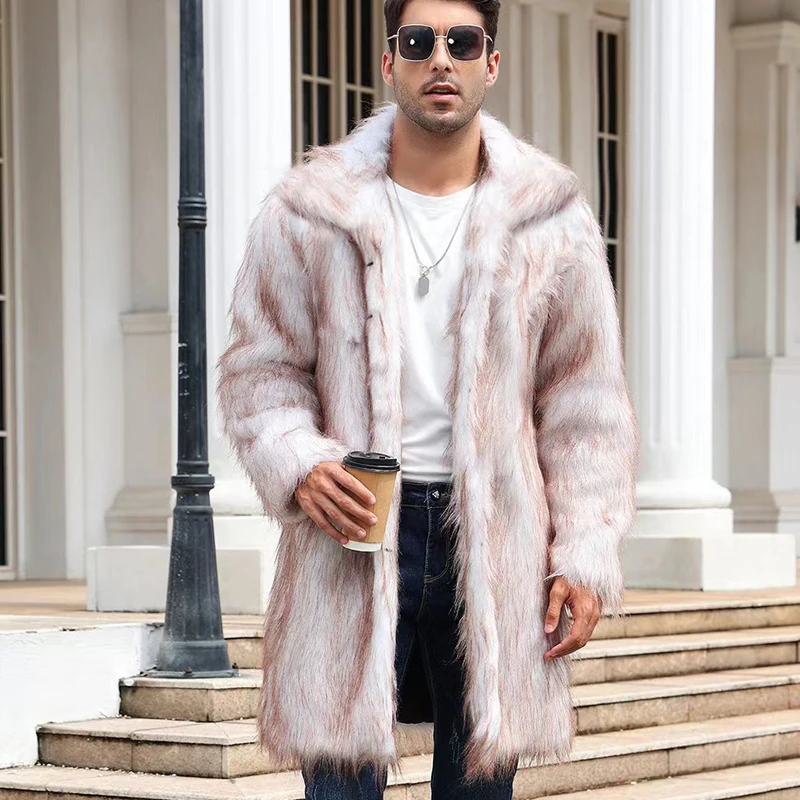 Autumn Winter New Overcoat Imitation Fur Men's Long Coat Long-sleeve Turm-down Collar Warm Cardigan Loose Windbreak