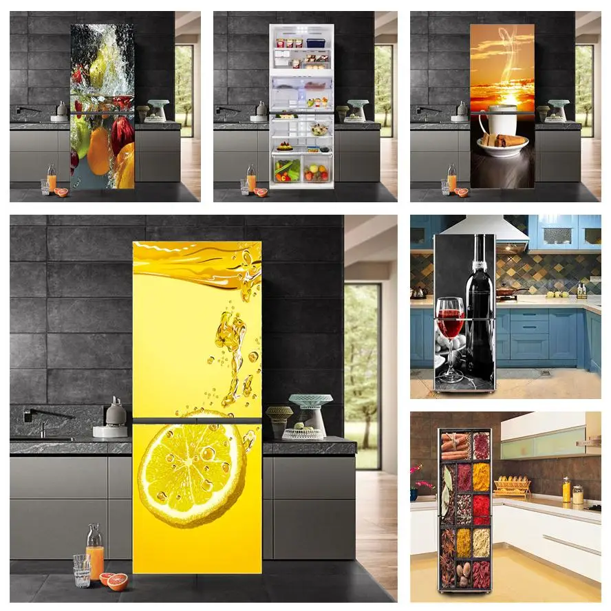 

Lemon Vegetable Fruit Sticker For Refrigerator Full Cover Decal Beer Coffee Mural Adhesive Kitchen Door Wallpaper Fridge Posters