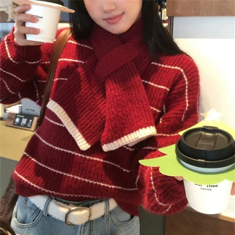 Autumn and Winter New Fashion Women's Clothing with Scarf Women's Long-sleeved Striped Sweater Casual Office Top Knitwear