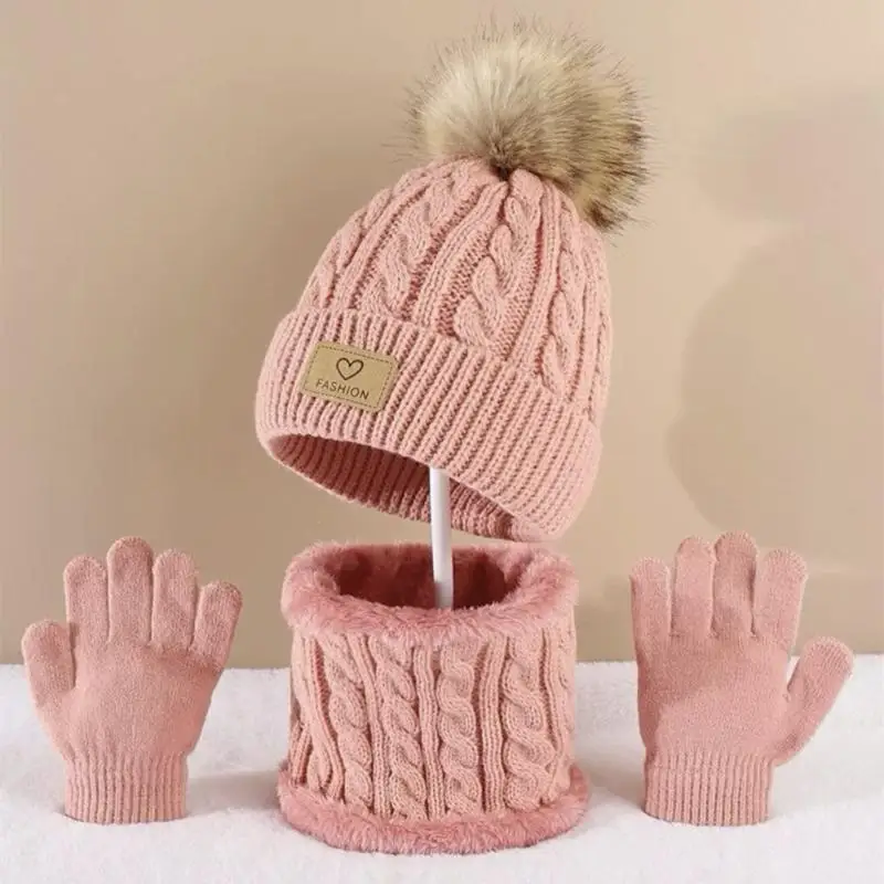 Toddler Kids Pom Pom Decor Beanie & Infinity Scarf & Gloves Boys Girls Winter Warm Suit