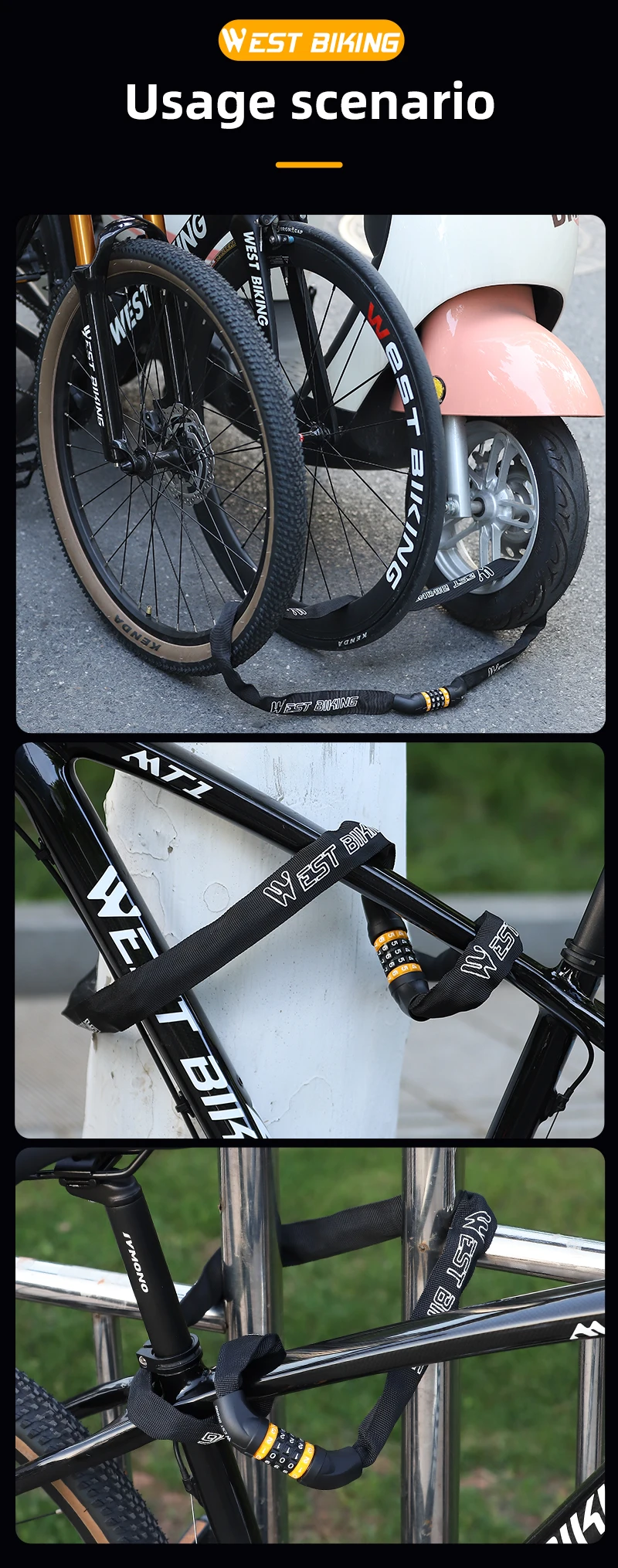 WEST BIKING Fahrradschloss 65-150CM Multilängen-Fahrradkettenschloss Motorrad E-Bike 5-stelliges Zahlenschloss Diebstahlsicherung – Detail 17