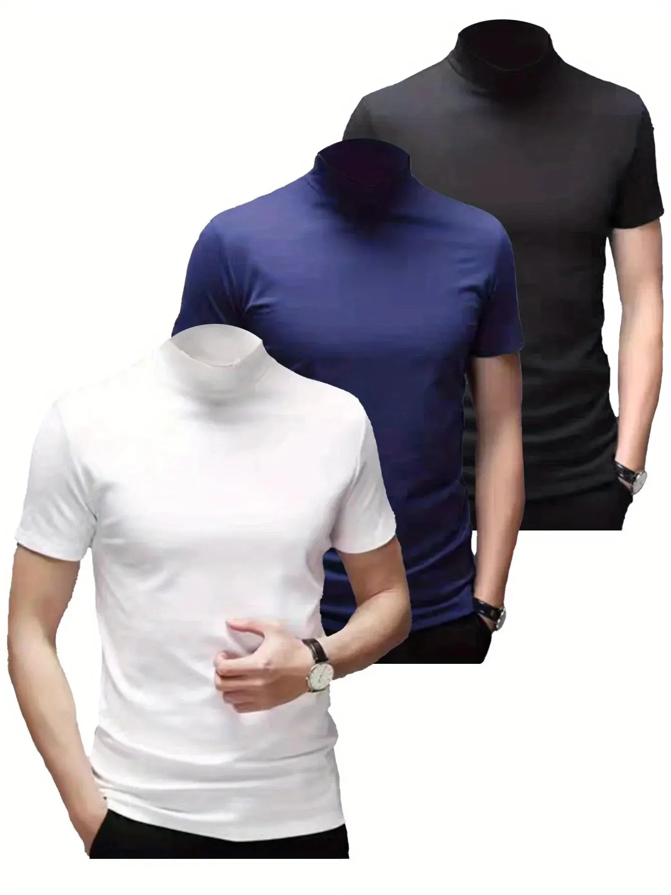 1pcs Men's Breathable Soft Comfy High Stretch Short Sleeve High Neck Base Layer For Spring Autumn, Men's Undershirts
