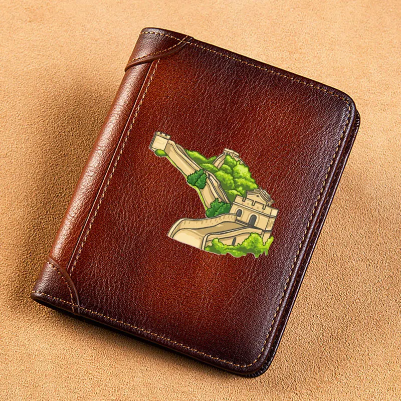 High Quality Genuine Leather Men Wallets China The Great Wall Design Short Card Holder Purse Trifold Men's Wallet BK3828