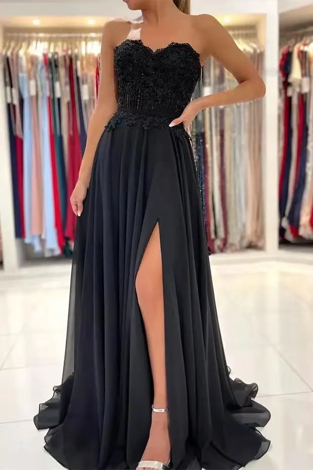 Straplee Evening Dresses  فساتين السهرة Long Lace Top Chiffon Formal Party Dress A Line robes de soirée with Slit for Women sage green prom dress