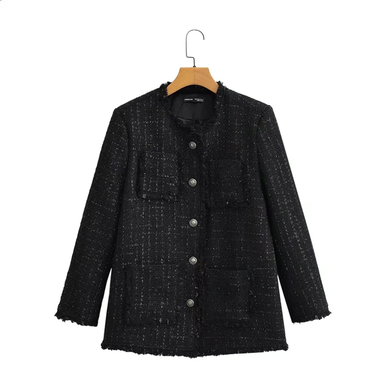 

Women's Black Spring/Autumn Textured Tweed Coat 2024 New Long Versatile Fragrant Top