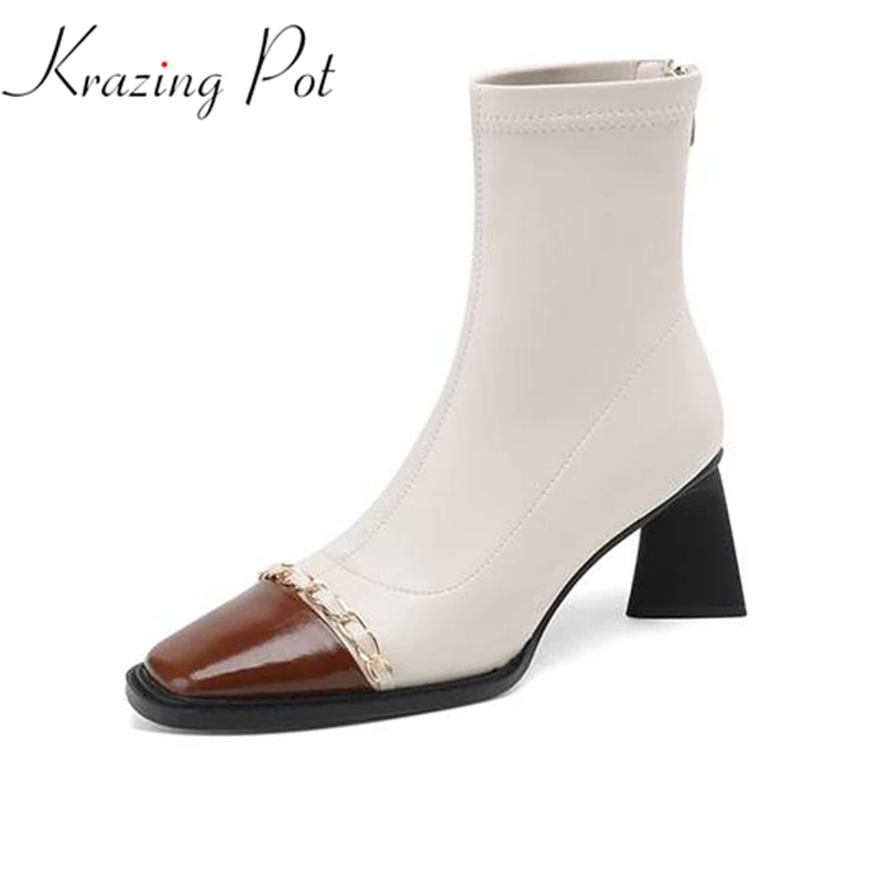 

Krazing Pot Cow Leather Thick High Heels Square Toe Winter Warm Modern Boots Dress Lady Metal Chains England Style Ankle Boots