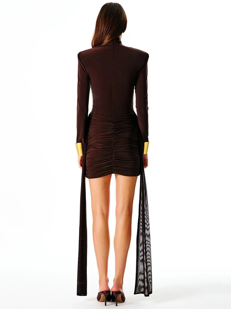 Womens Dress Turtleneck Long Sleeve Sexy Mini Draped Ruched Bodycon Club Party