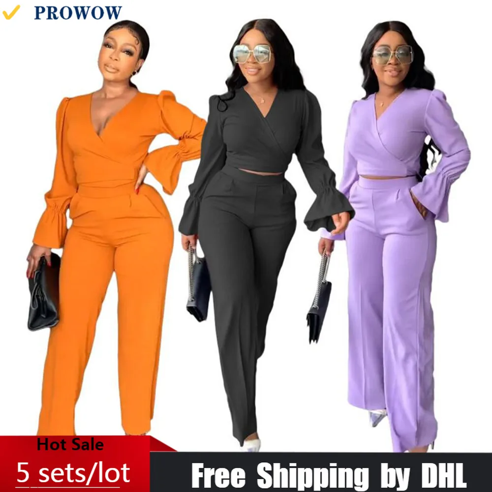 

Bulk Items Wholesale Lots Women Business Suit Elegant Sexy 2 Piece Set Long Sleeve Outfit Top + Flare Pants Lady Tracksuits 8274