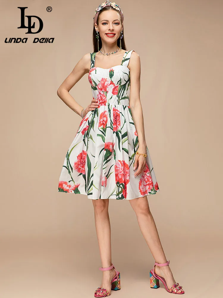 

LD LINDA DELLA New 2023 Summer Fashion Women Beach Style Spaghetti Strap Knee-Length Dress Carnation Print Party Dresses