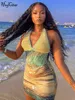 Hugcitar 2024 Spring Halter Knitted Scenery Print Backless Lace Up Sexy Mini Dress Women Fashion Clothes Beach Vacation Party 1