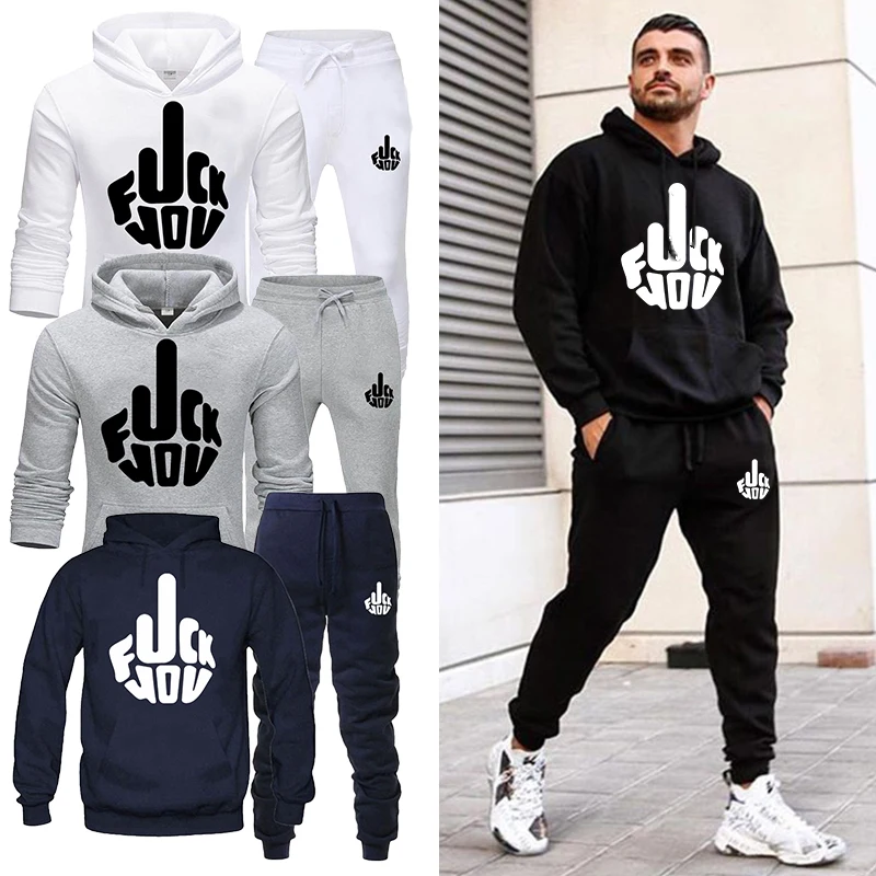 New men's fashion casual sportswear two-piece set of men's jogging wear printed pullover hooded top+men's jogging pants set