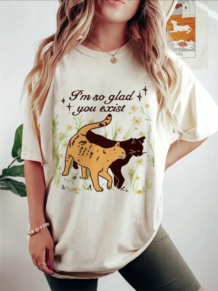 

Футболка в стиле Харадзюку 90-х, модная футболка с круглым вырезом, Милая футболка с рисунком кота, повседневный Универсальный женский топ с принтом и коротким рукавом, T-Sh