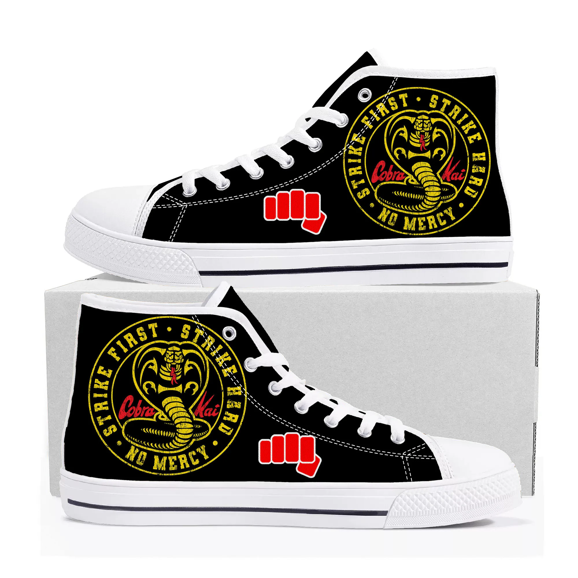 

Высокие кроссовки Cobra Kai No щадящая змея, мужские и женские холщовые кроссовки для подростков, высококачественные повседневные кроссовки для пар, обувь на заказ