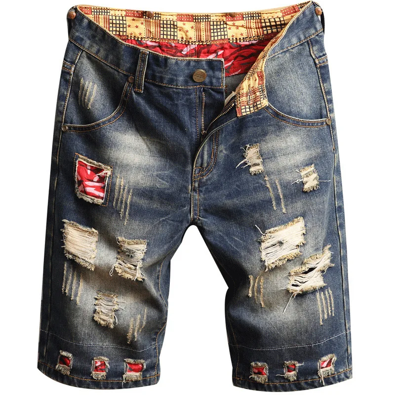 Large size denim shorts retro ripped slim men's five quarter pants with cloth medium pants ripped jeans 28-40