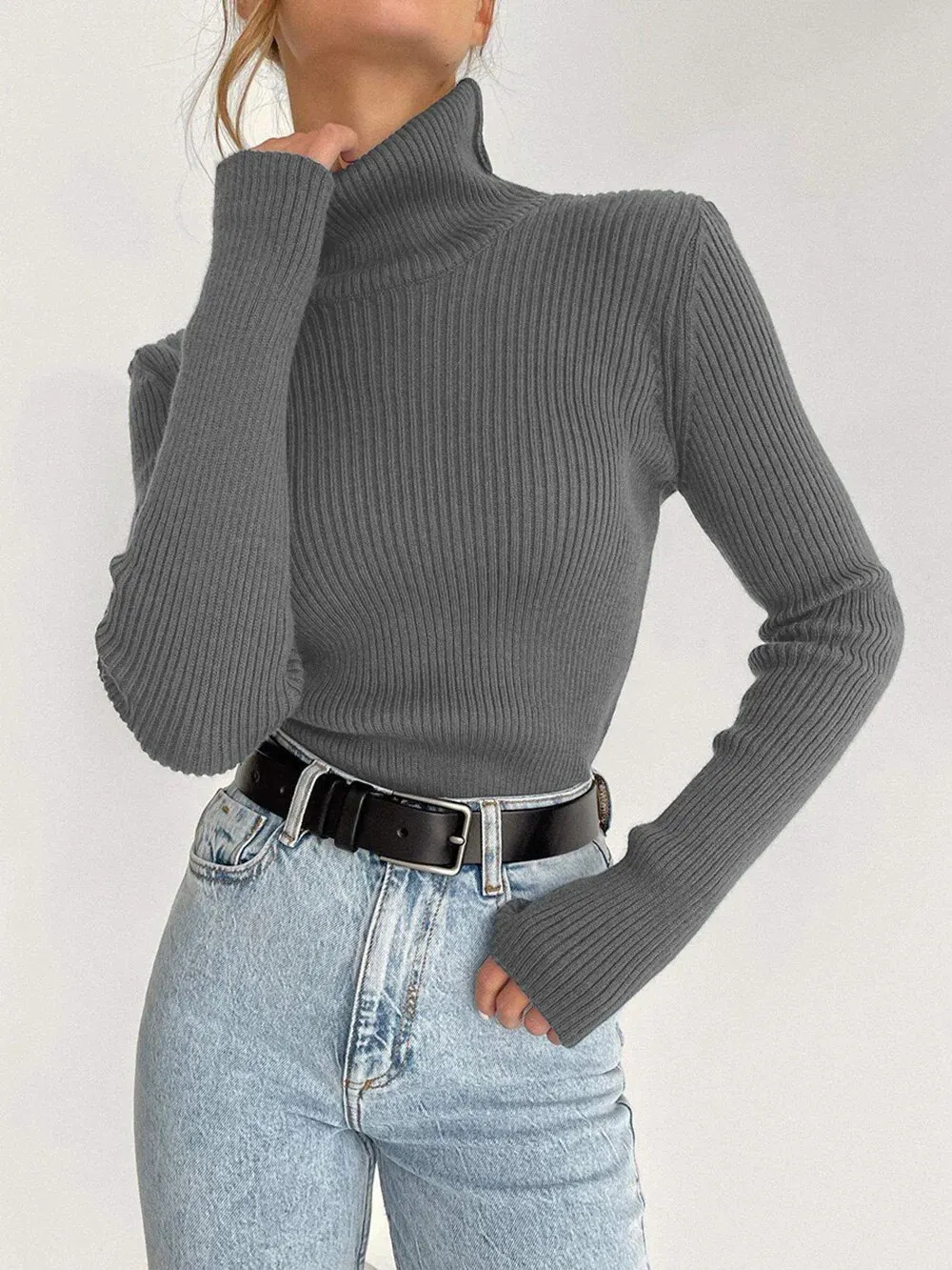 S79758ed95abe4343b659349b8af39533A Basic Mock Neck Ribbed Sweaters for Women Cute Sexy Knitted Autumn Winter Warm Fitted Fashion Pullover Sweater Mallzona