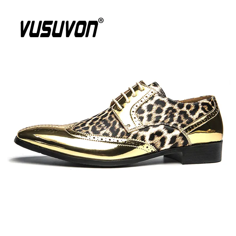 Luxury Leopard Print Formal Men Derby Dress Shoes Classic Dress Loafers Lace-Up Silver Golden Causal Footwear 39-45 5