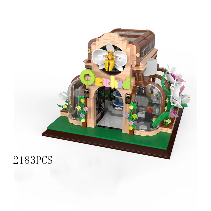 City Street View Flower Shop Mini Block Streetscape Fiorista Garden Build Brick Monet Orchid Green House Toys Con Luce Per Regalo