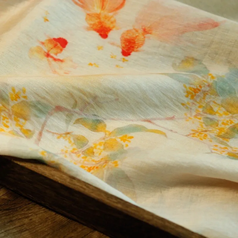 Льняная, Полиэстеровая, акриловая ткань с цветочным принтом золотой рыбки для брюк, платье чонсам, ширина см, летняя полупрозрачная ткань Y237 Льняная, Полиэстеровая, акриловая ткань с цветочным принтом золотой рыбки для брюк, платье чонсам, ширина см, летняя полупрозрачная ткань Y237