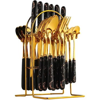 LMETJMA 24 pezzi Set di posate Coltelli in acciaio inossidabile Forchette Cucchiai Set di posate Servizio per 6 utensili da cucina Set di stoviglie JT378 1