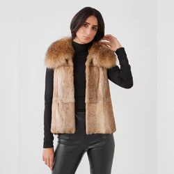 2022 ladies winter fur vest real rabbit fur vest full skin with bigger raccoon fur collar best quality and fast delivery