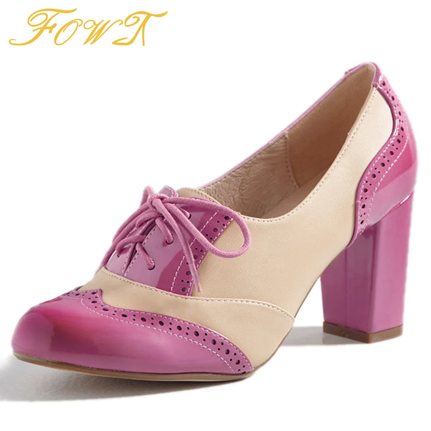 

Pink Luxury Oxfords Ladies High Chunky Heels Patent Leather Elegant Almond Toe Lace Up Girls Shoes Work Bunisess Size FOWT 39 40