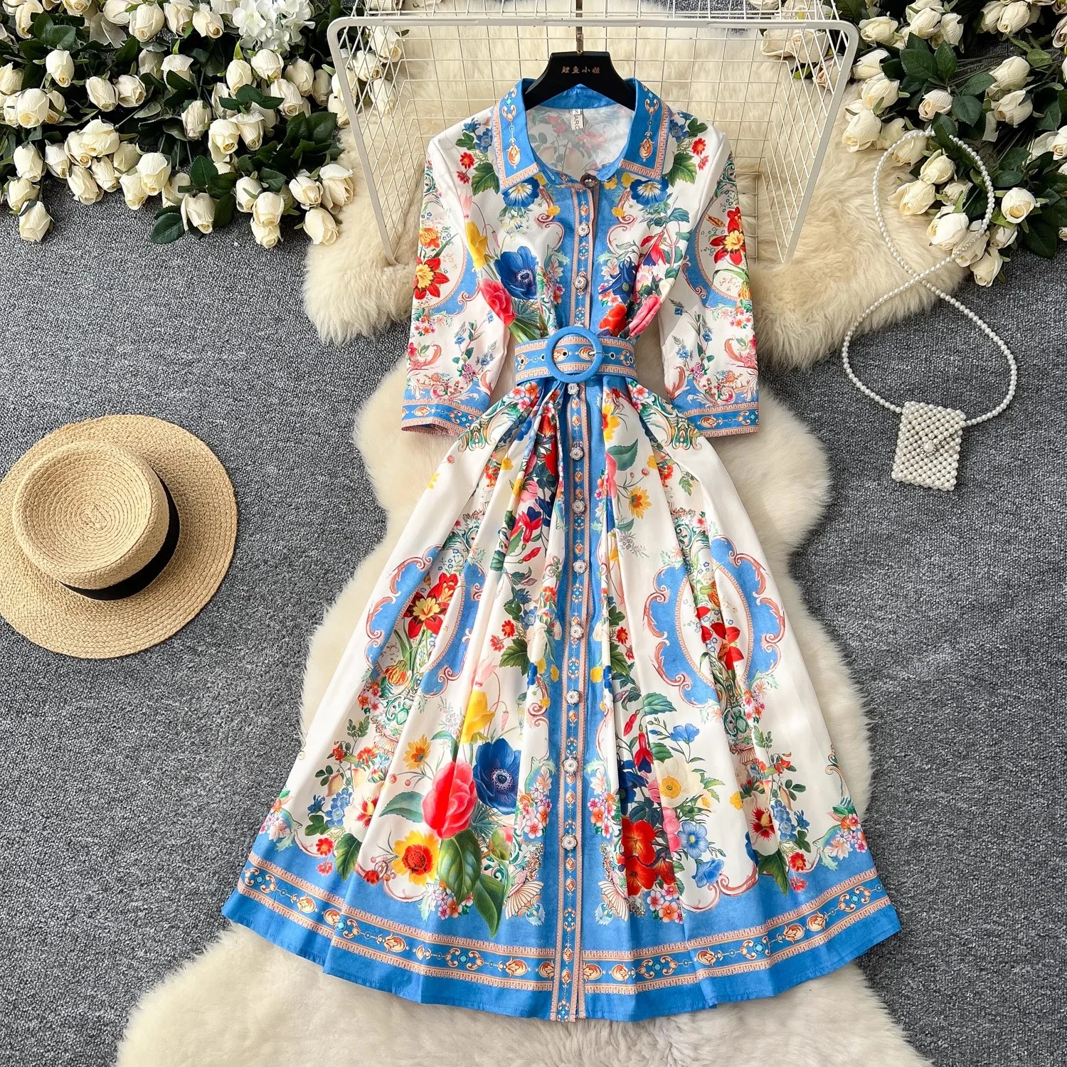 Chelsea Collar Pearl Flare Belt One-piece Dress ワンピース PS25633E-Black-02.jpg?v=1750129003